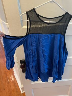 Love Culture Royal Blue Cold-Shoulder Top with Black Mesh Yoke